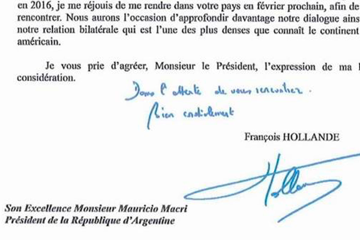 Hollande envió carta a Macri y dijo que lo visitará en febrero