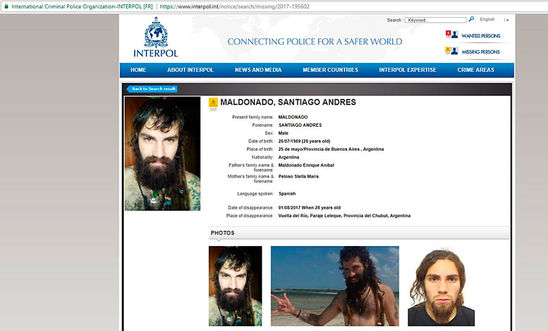 Interpol se suma a la búsqueda del joven desaparecido Santiago Maldonado