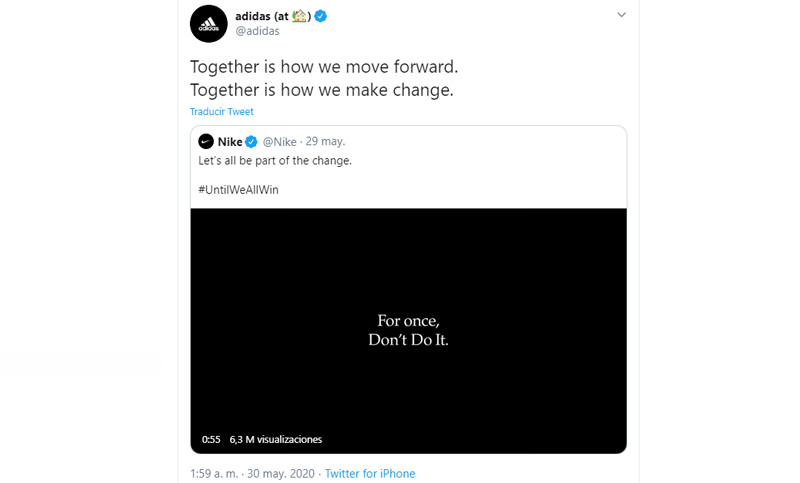 Nike publicó un mensaje contra el racismo y Adidas lo compartió