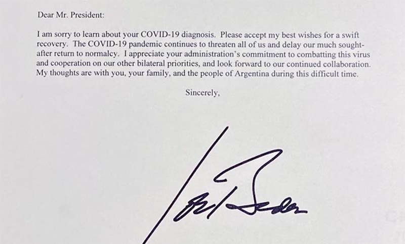 Fernández recibió una carta de Biden por su cuadro de Covid